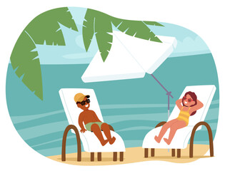 Young Girl In A Yellow Swimsuit And A Boy In A Cap And Sunglasses Relax On White Beach Loungers. Shielded By Umbrella
