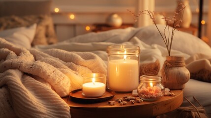 An aesthetic setup of candles on a wooden tray, glowing softly with a knitted blanket and fairy lights, warm tones, detailed textures 8K , high-resolution, ultra HD,up32K HD