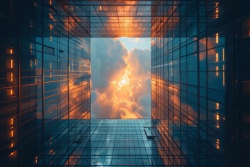 A look at the glowing sky through a square defined by the surrounding skyscrapers, symbolizing hope and opportunity