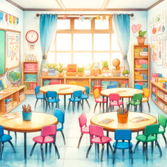 Aquarelle 
Illustration pour livre enfant conte ou histoire. Salle de classe enfant maternelle