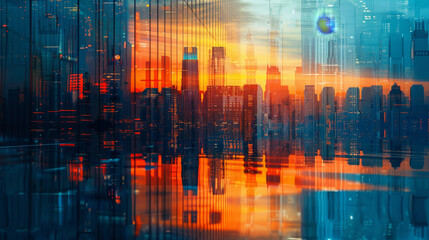 Abstract business background with a modern city skyline in blue and orange colors, reflection on a glass surface. Landscape of skyscrapers at sunset with space