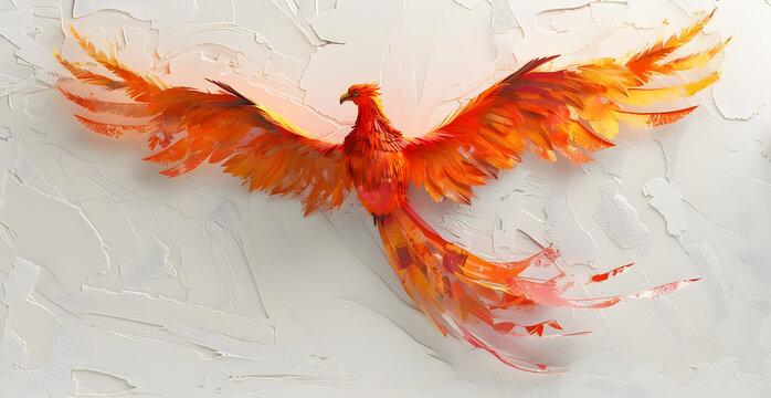 A painting of a red and orange bird with its wings spread out