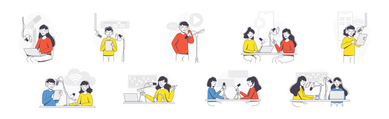 Podcast Recording with Young Man and Woman with Microphone Broadcasting and Live Streaming Outline Vector Set
