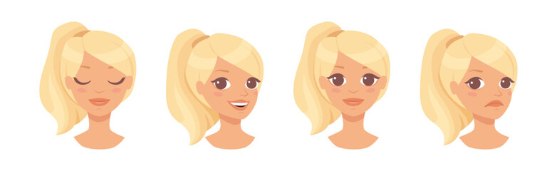 Pretty Woman Character Face with Ponytail Pose Vector Set