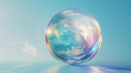 An iridescent orb, Bubble shimmering with iridescent colors float against a blue backdrop. Spherical and translucent, their surfaces reflect subtle rainbow hues