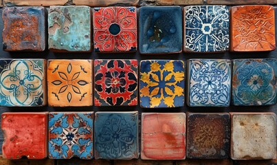 Collection of Colorful Vintage Ceramic Tiles with Intricate Patterns on Rustic Background