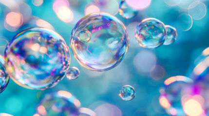 An iridescent orb, Bubble shimmering with iridescent colors float against a blue backdrop. Spherical and translucent, their surfaces reflect subtle rainbow hues