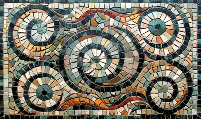 Obraz premium Abstract Geometric Mosaic Art with Circular Patterns and Colorful Tiles in Modern Wall Decor