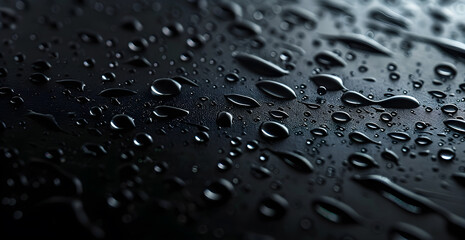 The image is a close up of a black surface with many drops of water on it