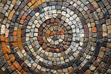 Fototapeta premium Vibrant Circular Stone Mosaic Pattern - Colorful Geometric Art Design with Various Textured Tiles