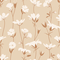 Floral Seamless vector pattern with trailing elegant white flower vines on warm beige, textile