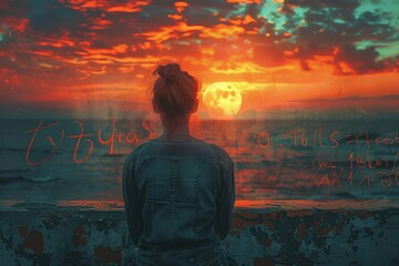 Woman stands facing a vibrant sunset over the ocean with equations overlaying the image