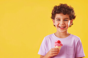 Happy summer concept. Emotive portrait of pretty boy with chestnut hair posing over yellow background, eating pink ice cream. Funny smile. Casual style. Close up. Copy-space. Studio shot
