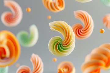 A 3D pattern of colorful swirly figures made from candy and oranges, floating in the air on a gray background, minimalism with simple shapes and no perspective, in a cute and playful style reminiscent