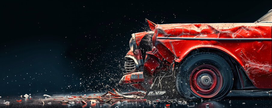 Carro antigo vermelho batido, frente do ve&iacute;culo destru&iacute;da, fundo preto  