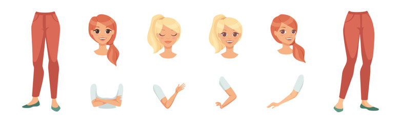 Obraz premium Woman Arm, Legs and Head as Character Constructor with Separated Body Part Vector Set