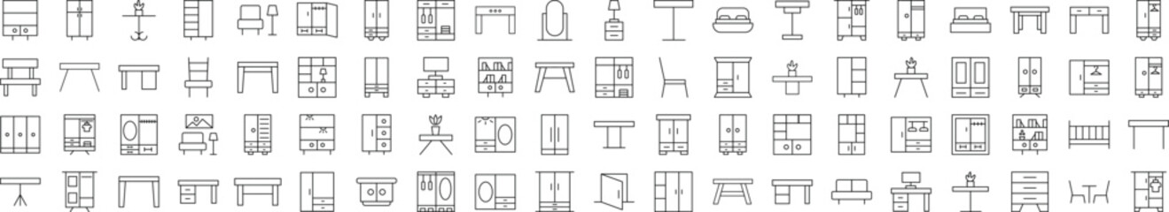 Collection of Icons of Tables and Closets. Suitable for books, stores, shops. Editable stroke in minimalistic outline style. Symbol for design