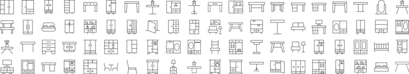 Collection of Signs of Tables and Closets. Suitable for books, stores, shops. Editable stroke in minimalistic outline style. Symbol for design