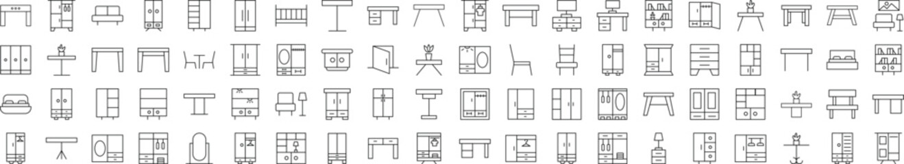 Collection of Line Icons of Tables and Closets for Adverts. Suitable for books, stores, shops. Editable stroke in minimalistic outline style. Symbol for design