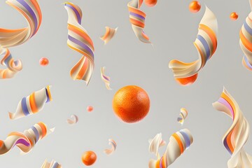 A seamless pattern of colorful candy swirls and orange balls flying around on a grey background, 3D render, minimalistic in the style of minimalistic
