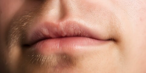 Obraz premium Man with a Swollen Lower Lip After Bee Sting: Allergic Reaction Closeup. Concept Bee Sting, Swollen Lip, Allergic Reaction, Close-up Photo, Pain Management