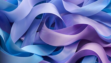 abstract background with purple and blue colors, a large number of interwoven ribbons of fabric forming an abstract circular pattern, creating the illusion that they form two semicircular shapes in fr