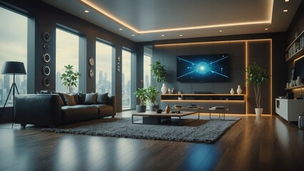 Modern living room with sleek design featuring a large TV, contemporary furniture, plants, and panoramic city views from floor-to-ceiling windows.