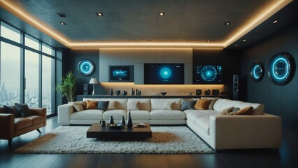 Modern living room with a futuristic design, featuring a large white sofa, ambient lighting, and advanced digital displays on the wall.