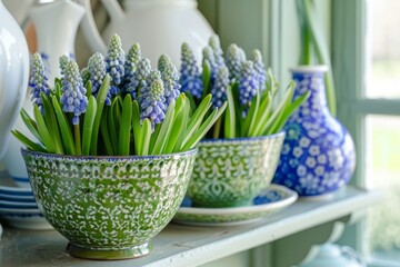 Vibrant Grape Hyacinths in Decorative Green and Blue Ceramic Bowls Adorning a Sunlit Shelf