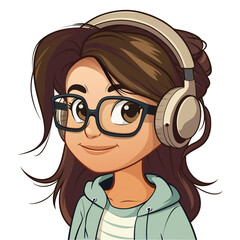 latina girl with brown hair wearing headphones and glasses . Clipart PNG image . Transparent background . Cartoon vector style