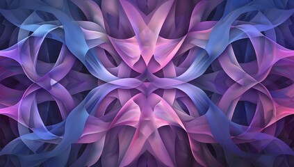 abstract background with purple and blue colors, a large number of interwoven ribbons of fabric forming an abstract circular pattern, creating the illusion that they form two semicircular shapes in fr