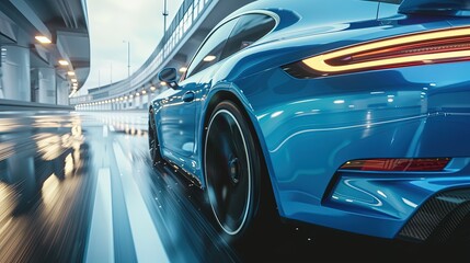 Fototapeta premium Rear view of a blue business car speeding through a turn. The blue car rushes along a high-speed highway with motion blur