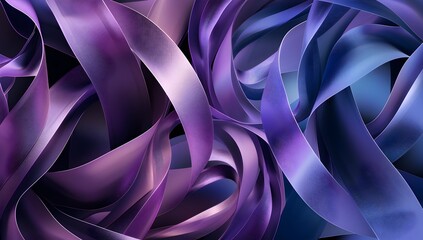 abstract background with purple and blue colors, a large number of interwoven ribbons of fabric forming an abstract circular pattern, creating the illusion that they form two semicircular shapes in fr