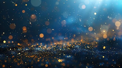 Abstract background with dark blue and gold particles. Golden light shines, creating a Christmas bokeh effect on a navy blue background. Gold foil texture enhances the holiday concept