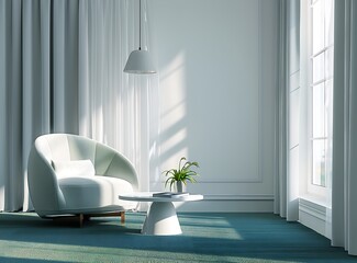 Green armchair, white sofa and coffee table on blue carpet in modern living room with grey curtains at the window