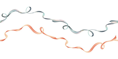 Curly satin ribbons in trendy pastel colors peach fuzz and turquoise in a vintage style. Hand drawn watercolor illustration. Seamless board pattern, repeating ornament