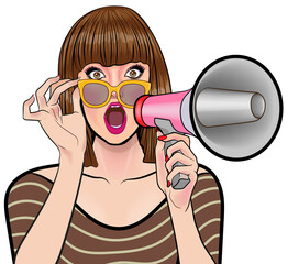 woman announcing loudspeaker something with megaphone pop art comics style