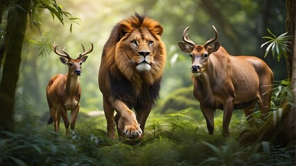 The unnatural scene observed in the forest, the lion showing hormany with deer except hunting the deer.