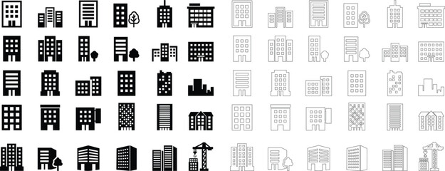 Building icon set containing house, office, bank, school, hotel, shop, university, city, real estate and hospital symbol. Solid flat and line black vector collection isolated on transparent background