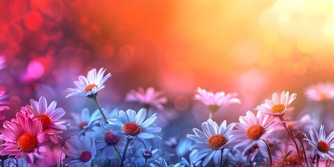 Golden hour daisies in a soft focus sunset field. Concept Sunset Photography, Flower Fields, Golden Hour, Soft Focus, Nature Portraits