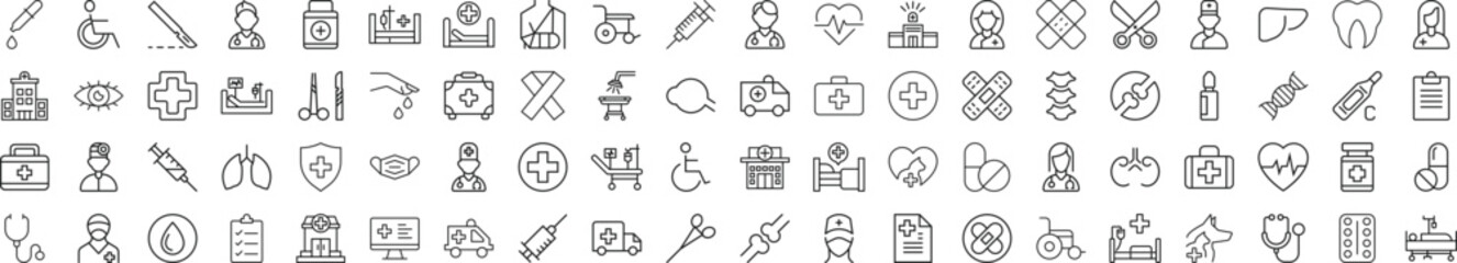 Collection of Line Icons of Healthcare and Veterinary. Suitable for books, stores, shops. Editable stroke in minimalistic outline style. Symbol for design