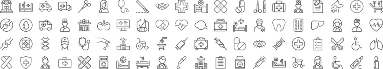 Collection of Icons of Healthcare and Veterinary. Suitable for books, stores, shops. Editable stroke in minimalistic outline style. Symbol for design