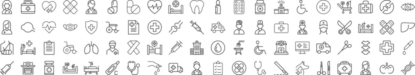 Collection of Icons of Healthcare and Veterinary for Shops and Stores. Suitable for books, stores, shops. Editable stroke in minimalistic outline style. Symbol for design