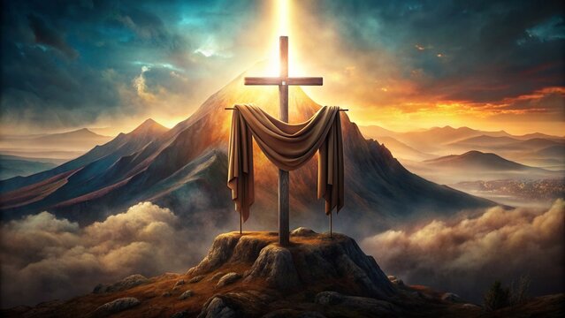 holy saturday cross on top of mountain with cloth on the cross and white smoke below