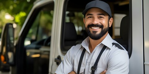 Delivery man posing with van smiling for photo in front of truck. Concept Delivery man, Posing, Van, Smiling, Truck, Photo