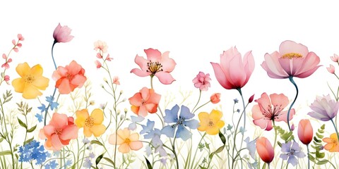 Watercolor Flower Border on White Background: Ideal for Cards or Designs. Concept Watercolor Flowers, Border Design, White Background, Card Making, Floral Designs