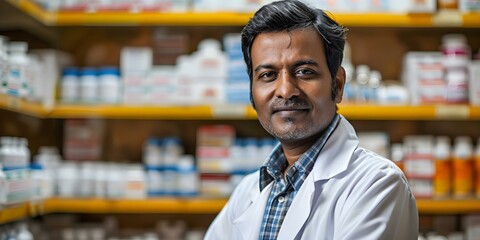 Indian male pharmacist in front of shelves of medicine. Concept Pharmacist Portrait, Indian Male, Shelves of Medicine, Healthcare Professional