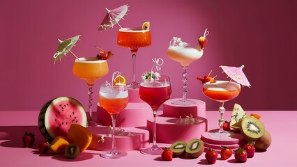 The rose exotic cocktails and fruits on pink