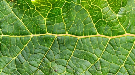 Fototapeta premium A close-up of a green leaf with a yellow line down the middle Two parallel lines, yellow, intersect at its center