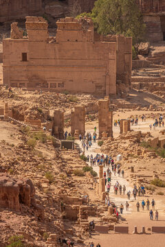 Tourists Visiting Qasr Bint Firaun in Petra, Jordan: Exploring the Majestic Ancient Ruins and Historical Pathways